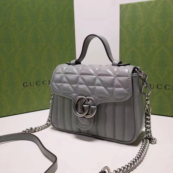 Gucci Women GG Marmont Mini Top Handle Bag Grey Matelassé Leather Double G (5)