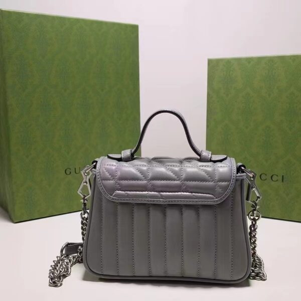 Gucci Women GG Marmont Mini Top Handle Bag Grey Matelassé Leather Double G (6)