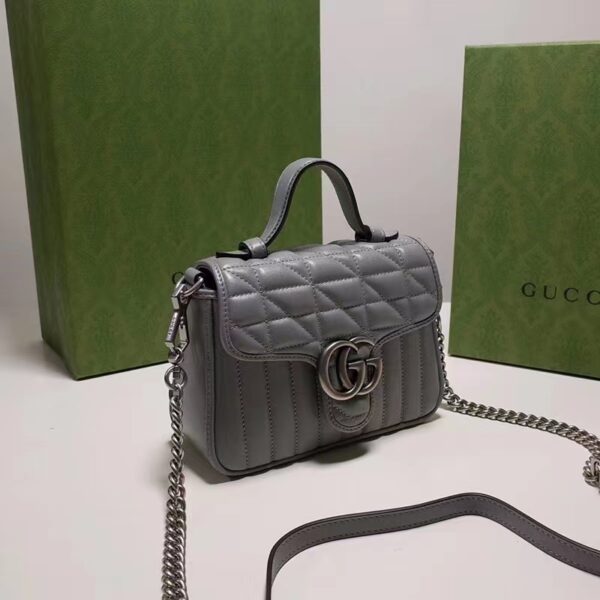 Gucci Women GG Marmont Mini Top Handle Bag Grey Matelassé Leather Double G (8)