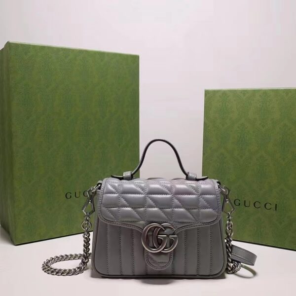 Gucci Women GG Marmont Mini Top Handle Bag Grey Matelassé Leather Double G (9)