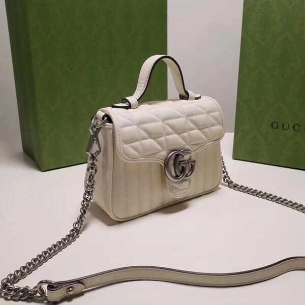 Gucci Women GG Marmont Mini Top Handle Bag White Matelassé Leather Double G (1)