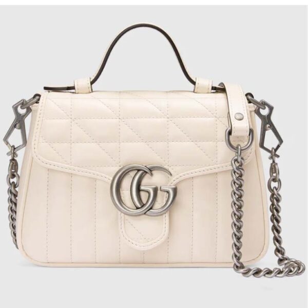 Gucci Women GG Marmont Mini Top Handle Bag White Matelassé Leather Double G (10)