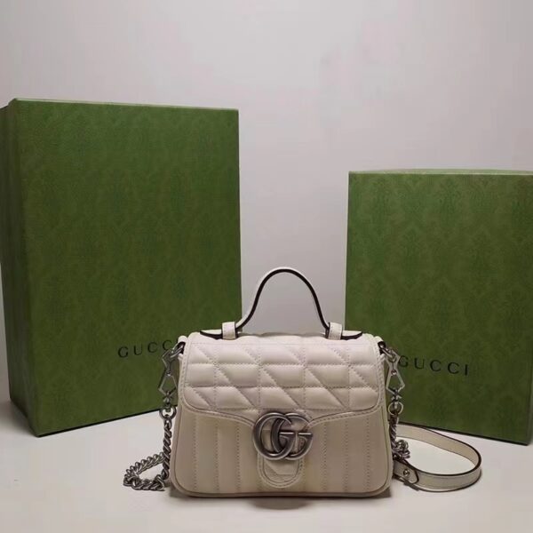 Gucci Women GG Marmont Mini Top Handle Bag White Matelassé Leather Double G (4)