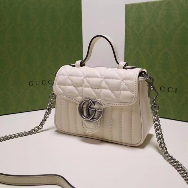 Gucci Women GG Marmont Mini Top Handle Bag White Matelassé Leather Double G (7)
