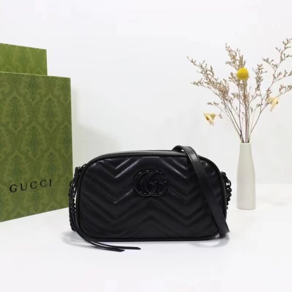 Gucci Women GG Marmont Small Shoulder Bag Black Matelassé Chevron Leather Double G (4)