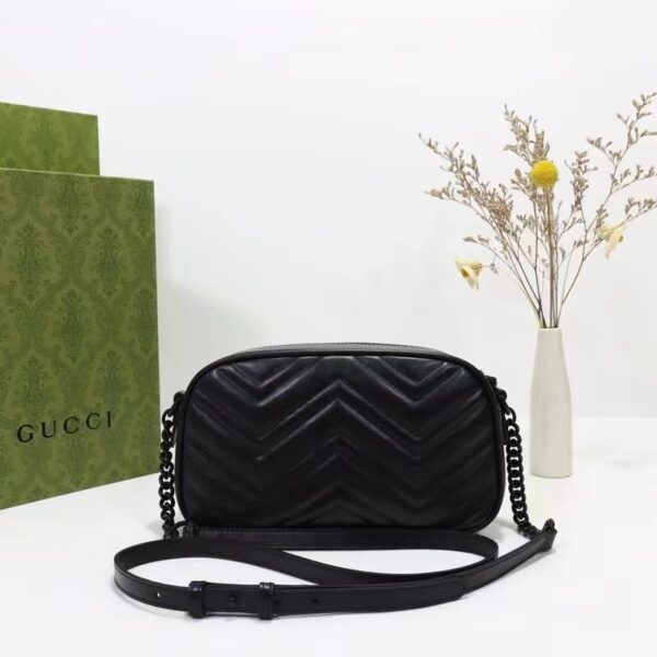 Gucci Women GG Marmont Small Shoulder Bag Black Matelassé Chevron Leather Double G (6)