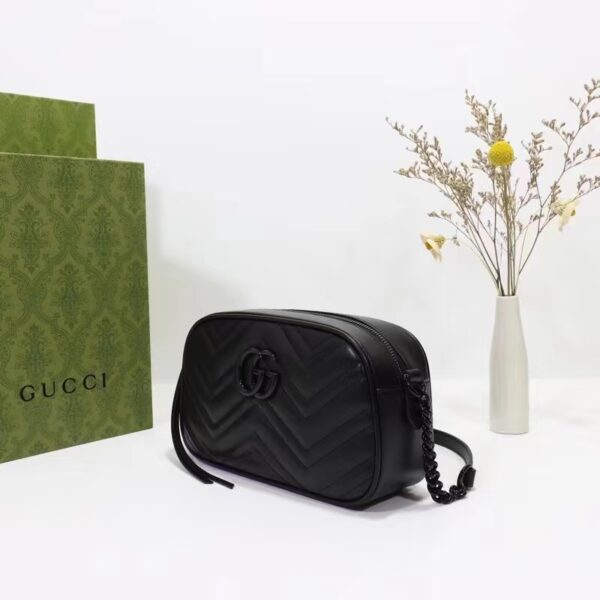 Gucci Women GG Marmont Small Shoulder Bag Black Matelassé Chevron Leather Double G (9)