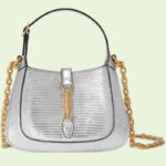 Gucci Women Jackie 1961 Lizard Mini Bag Silver Lamé Lizard