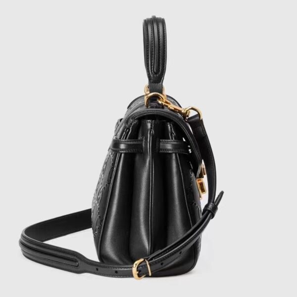 Gucci Women Small GG Top Handle Bag Black Debossed Leather Double G (1)