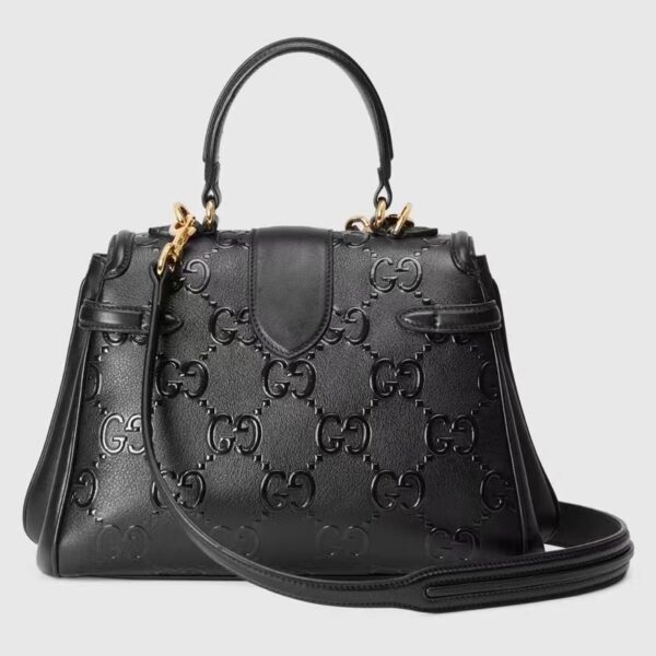 Gucci Women Small GG Top Handle Bag Black Debossed Leather Double G (5)
