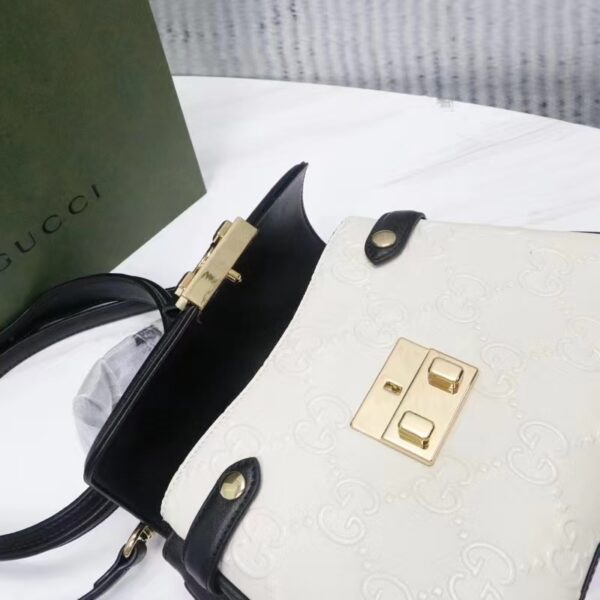 Gucci Women Small GG Top Handle Bag White Debossed Leather Double G (1)