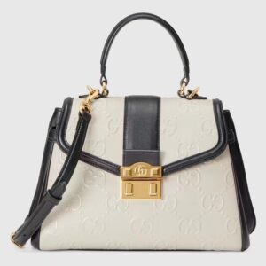 Gucci Women Small GG Top Handle Bag White Debossed Leather Double G