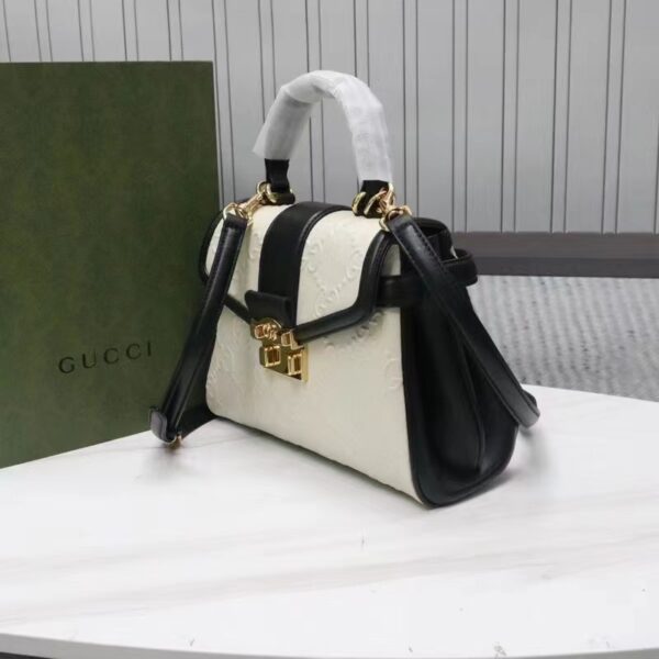 Gucci Women Small GG Top Handle Bag White Debossed Leather Double G (6)