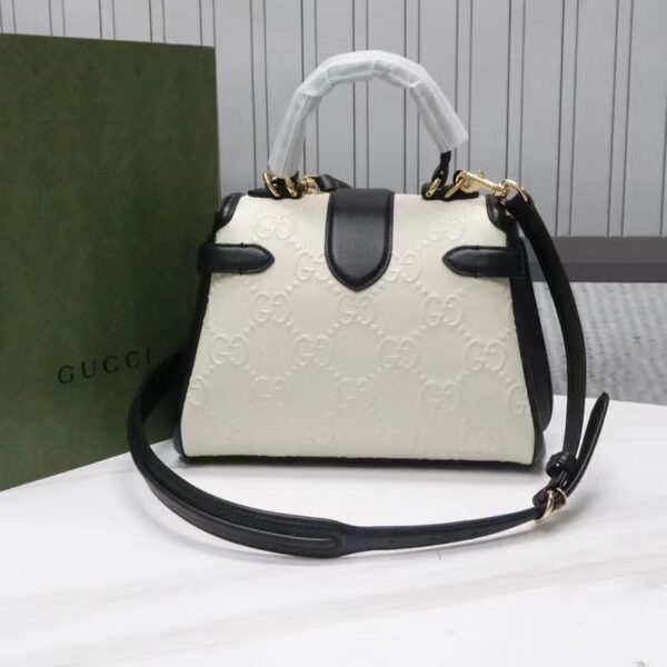 Gucci Women Small GG Top Handle Bag White Debossed Leather Double G (7)