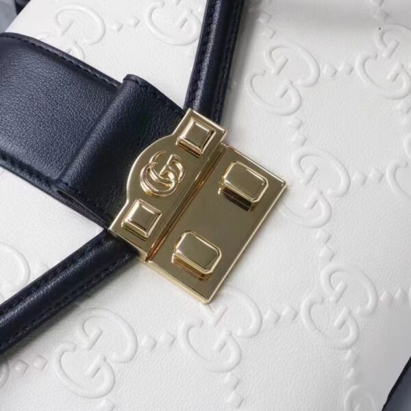 Gucci Women Small GG Top Handle Bag White Debossed Leather Double G (8)