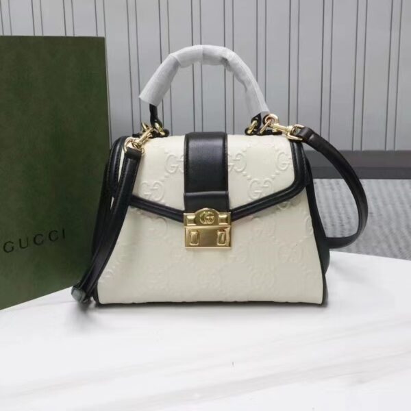 Gucci Women Small GG Top Handle Bag White Debossed Leather Double G (9)