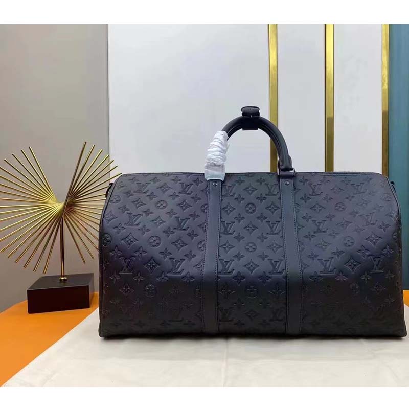 LOUIS VUITTON Calfskin Monogram Shadow Keepall Bandouliere 50 Navy 1305674