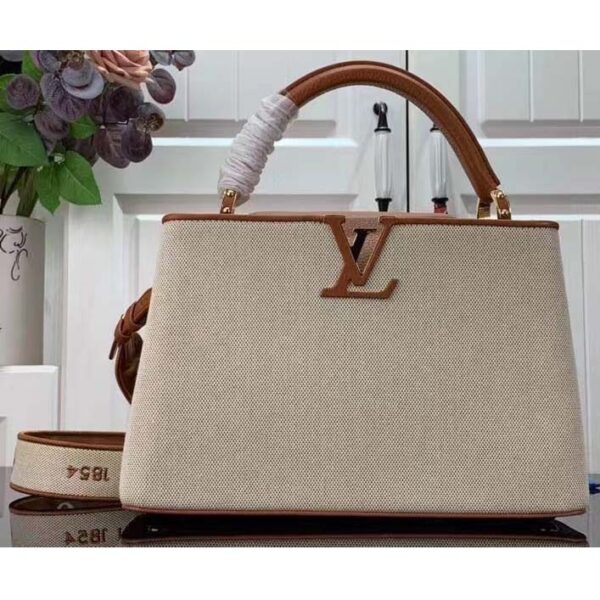 Louis Vuitton LV Women Capucines MM Handbag Caramel Brown Taurillon Leather Canvas (11)