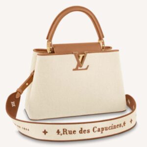 Louis Vuitton LV Women Capucines MM Handbag Caramel Brown Taurillon Leather Canvas