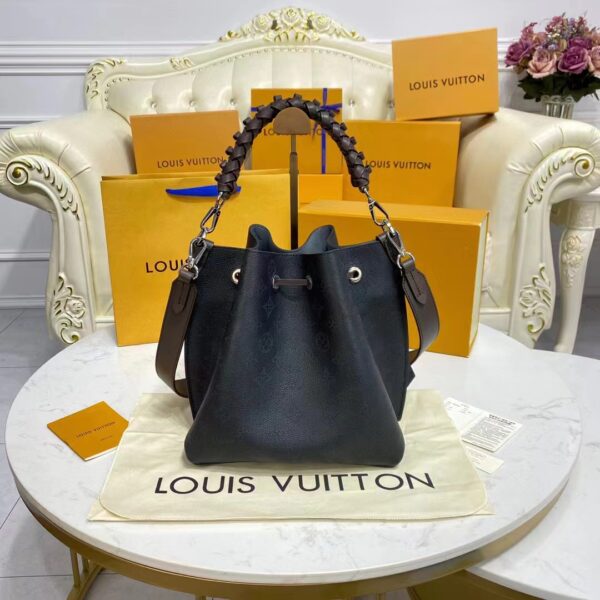 Louis Vuitton LV Women Muria Bucket Bag Black Mahina Perforated Calf Leather (12)