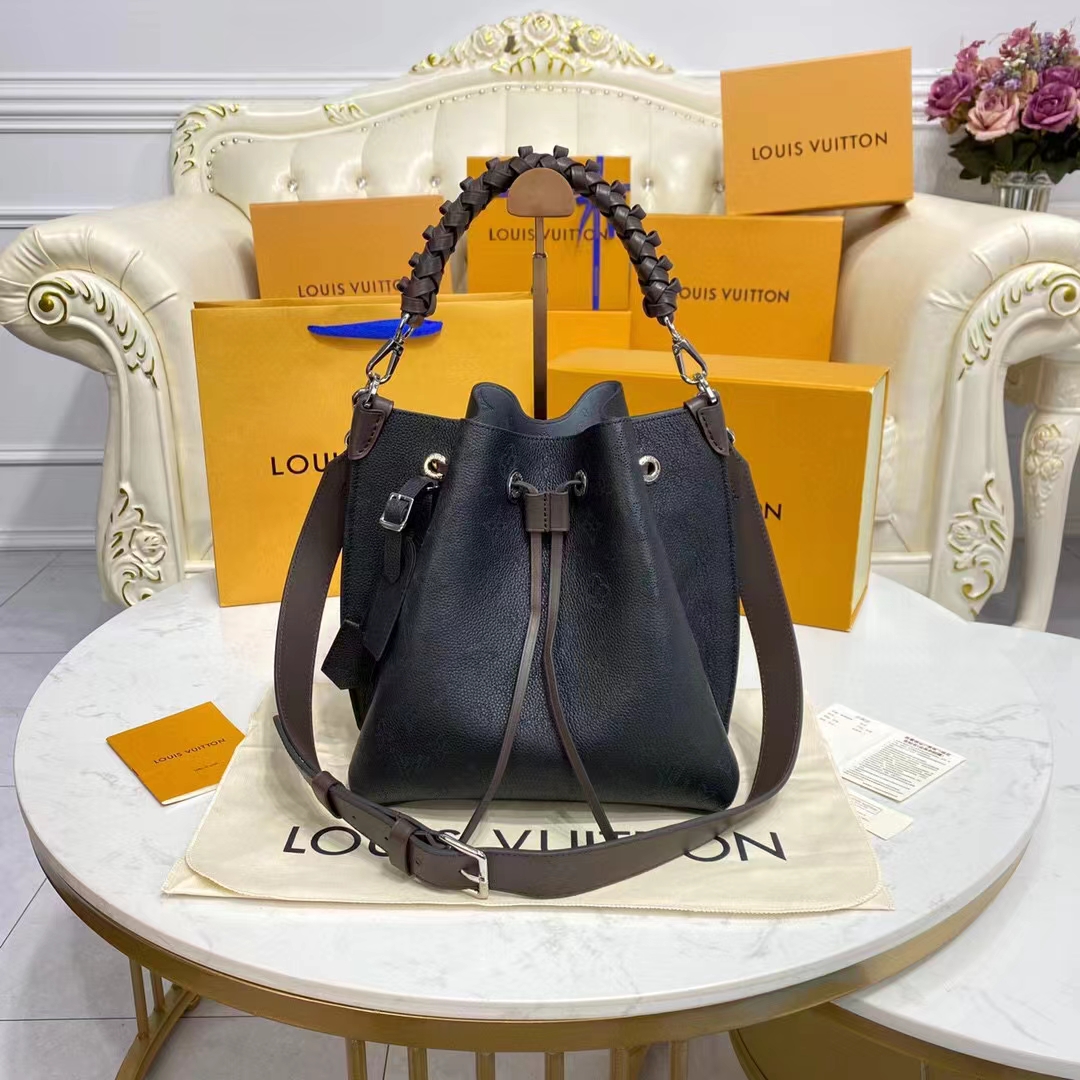 Authentic Louis Vuitton Muria Bucket Bag in Black Mahina Leather