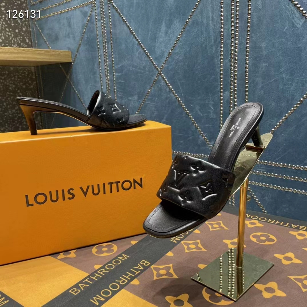 Louis Vuitton Black Leather Monogram Revival Mule Kitten Heels (Size 35)