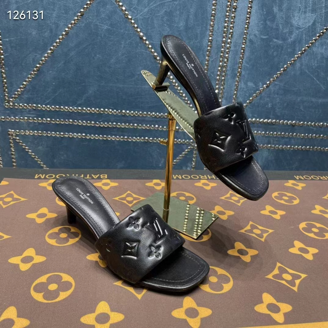 Louis Vuitton Black Leather Monogram Revival Mule Kitten Heels