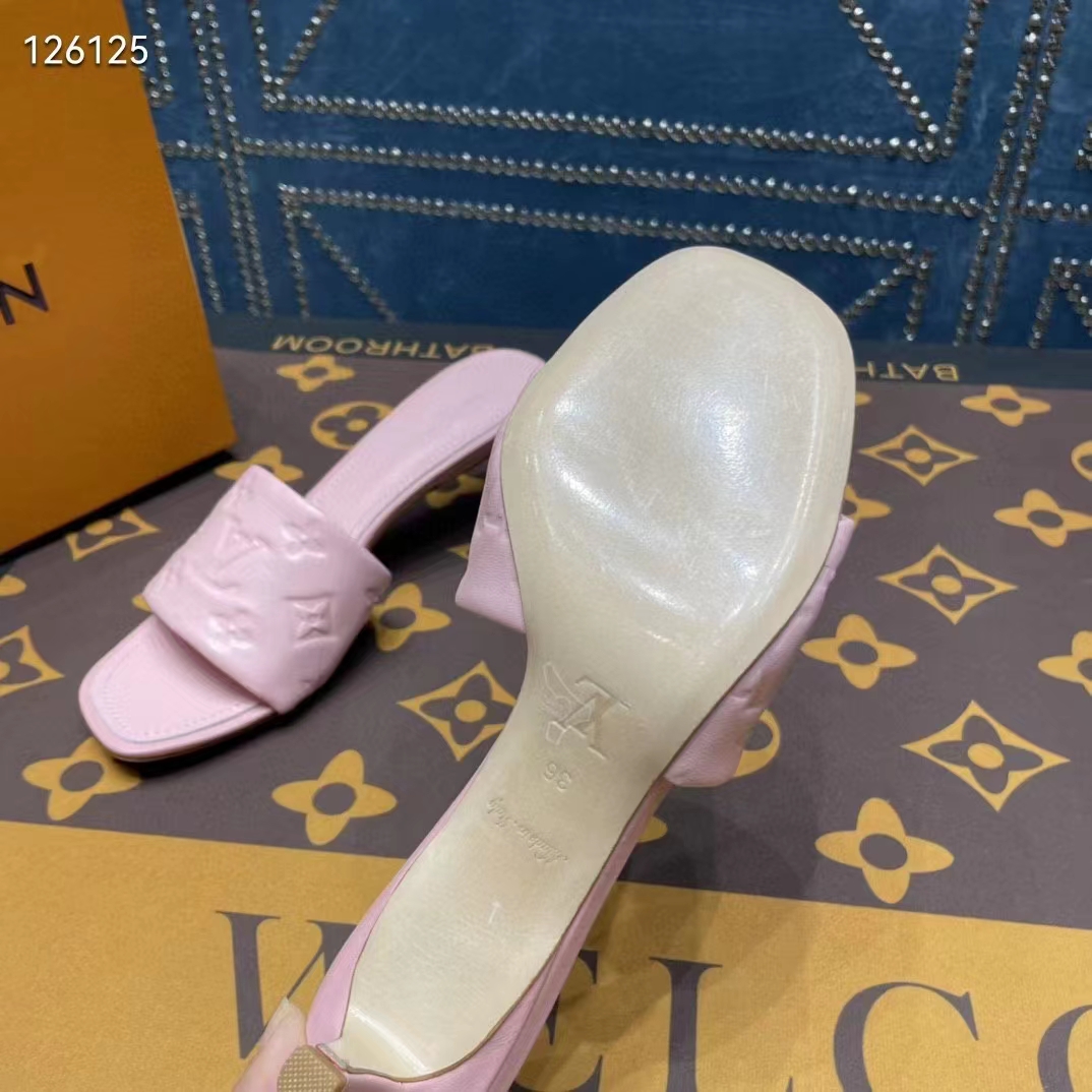 LOUIS VUITTON Lambskin Embossed Monogram Revival Mid Heel Mules 39 Rose Pop  697425