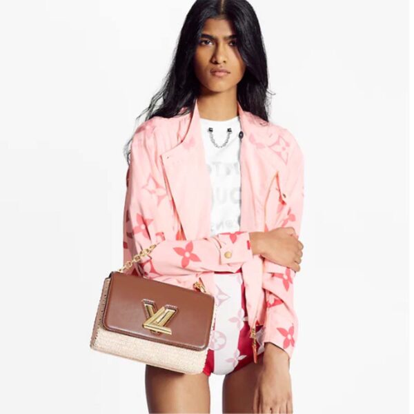Louis Vuitton LV Women Twist MM Handbag Orange Raffia Smooth Cowhide Leather (4)