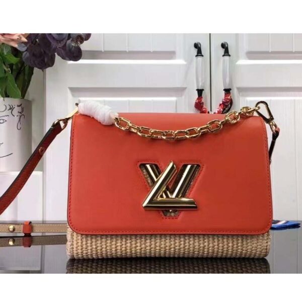 Louis Vuitton LV Women Twist MM Handbag Orange Raffia Smooth Cowhide Leather (7)