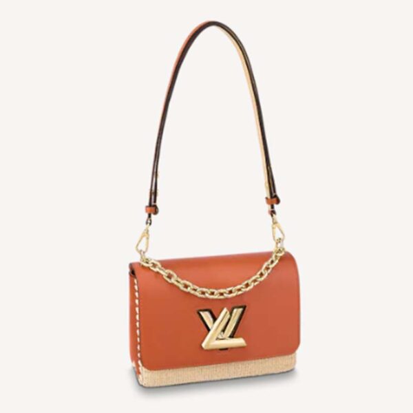 Louis Vuitton LV Women Twist MM Handbag Orange Raffia Smooth Cowhide Leather (8)