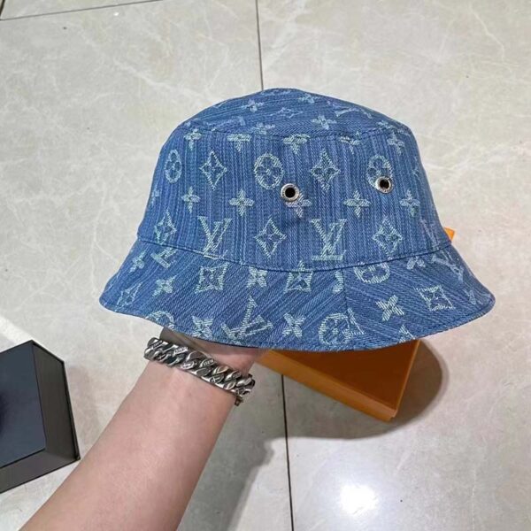 Louis Vuitton Unisex Monogram Essential Bucket Hat Blue Cotton Foil LV Signature (1)