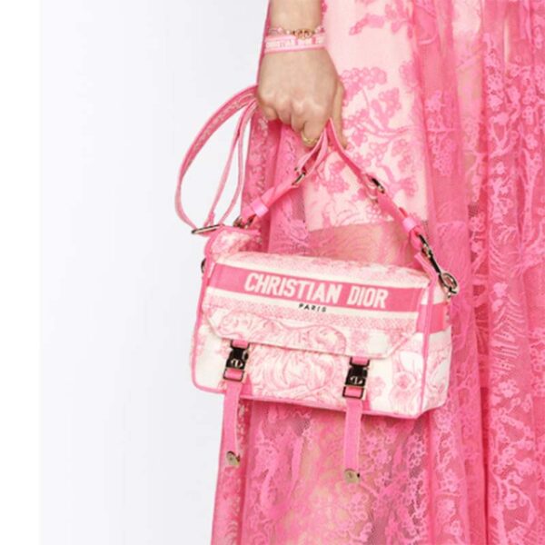 Dior Women CD Small Diorcamp Bag Transparent Canvas Fluorescent Pink Toile De Jouy (4)