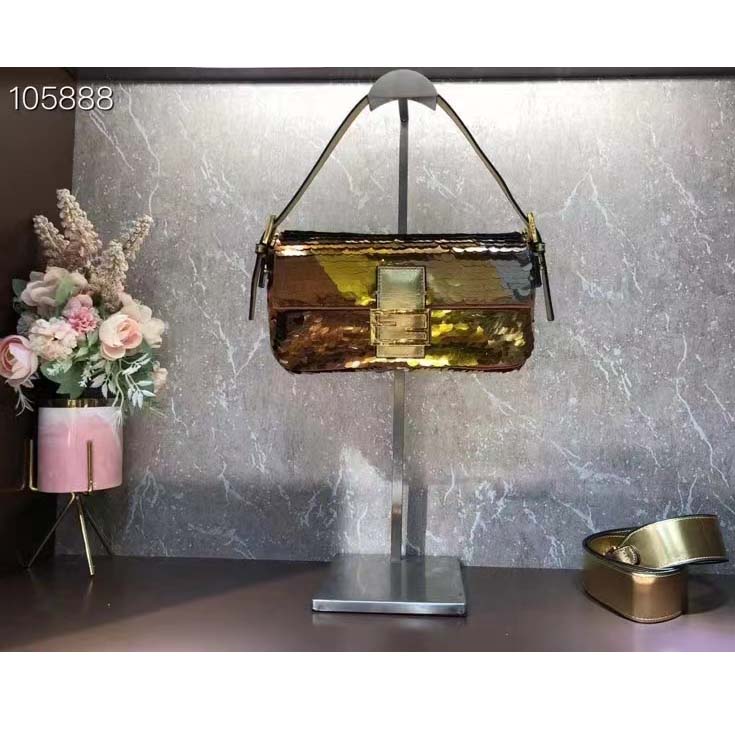 Fendi Women Baguette 1997 Gold Colored Leather Sequinned Bag