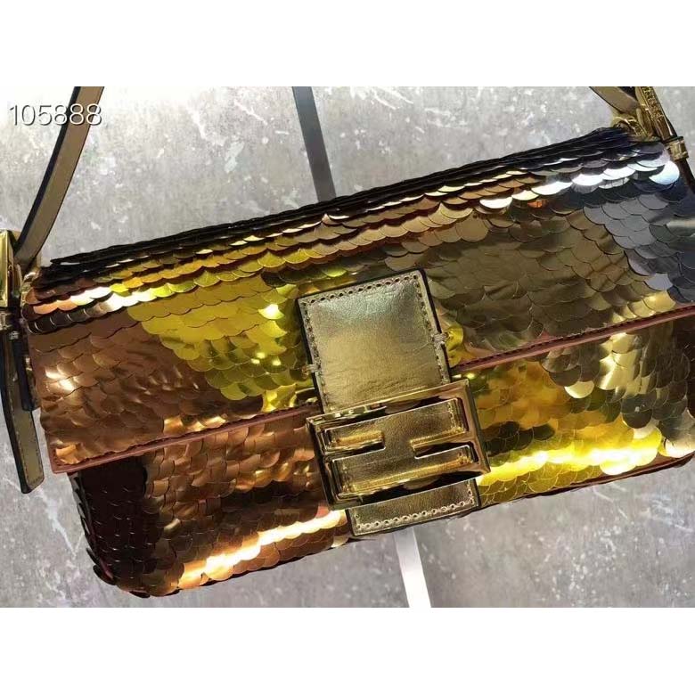 Fendi Women Baguette 1997 Gold Colored Leather Sequinned Bag