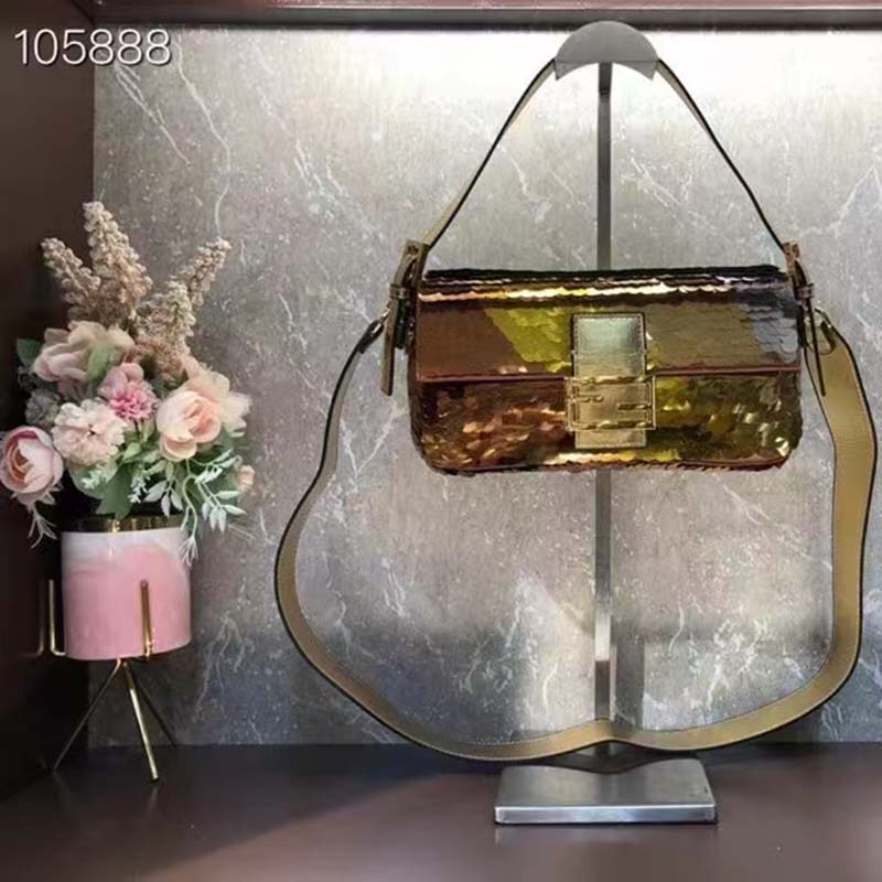 Fendi Women Baguette 1997 Gold Colored Leather Sequinned Bag