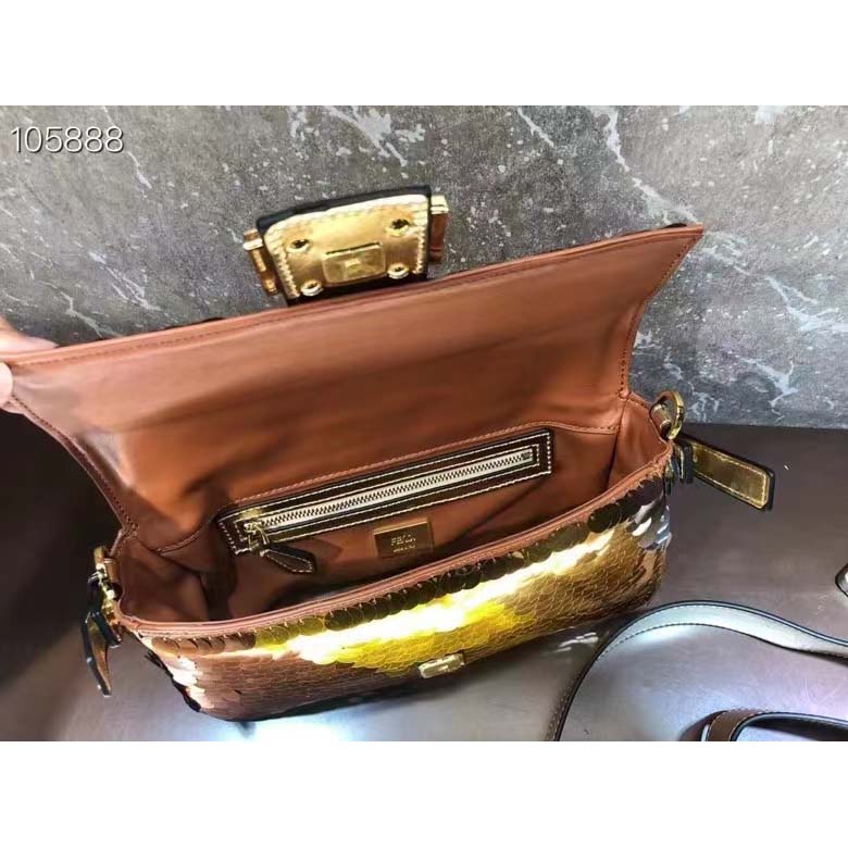 Fendi Women Baguette 1997 Gold Colored Leather Sequinned Bag