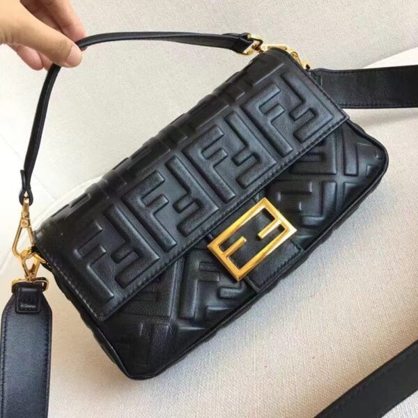 Fendi Women Baguette Chain Midi Black Nappa Leather Bag (7)