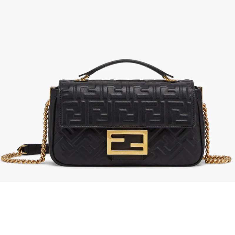 Fendi Baguette Chain midi Nappa Leather Bag, Black