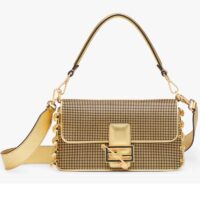 Fendi Women FF Baguette Brooch Fendace Bag Gold Perforated Leather (9)