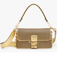 Fendi Women FF Baguette Brooch Fendace Bag Gold Perforated Leather