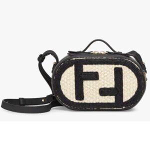 Fendi Women FF O’Lock Mini Camera Case Beige Black Straw Mini Bag
