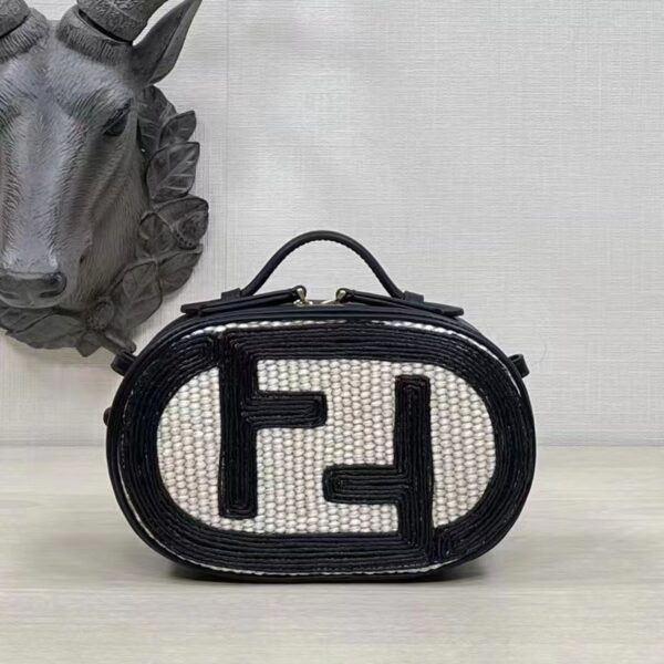 Fendi Women FF O’Lock Mini Camera Case Beige Black Straw Mini Bag (5)