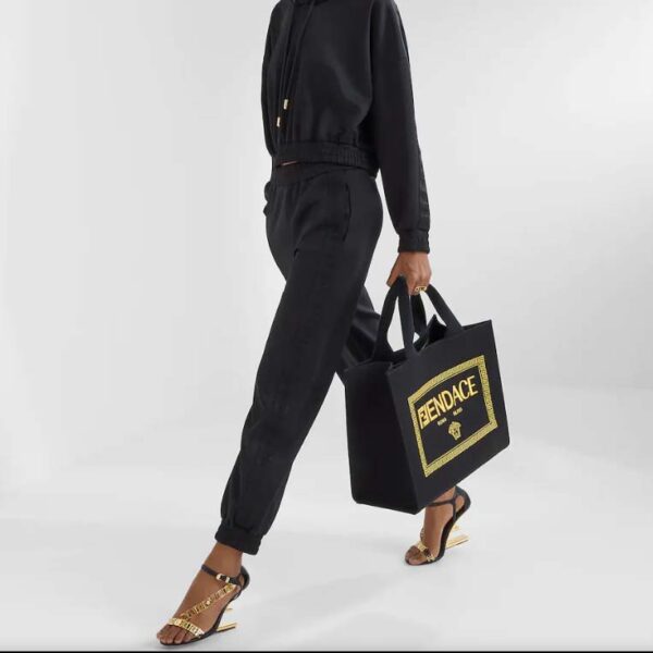 Fendi Women FF Small Shopping Bag Fendace Embroidered Black Canvas Logo Shopper (1)