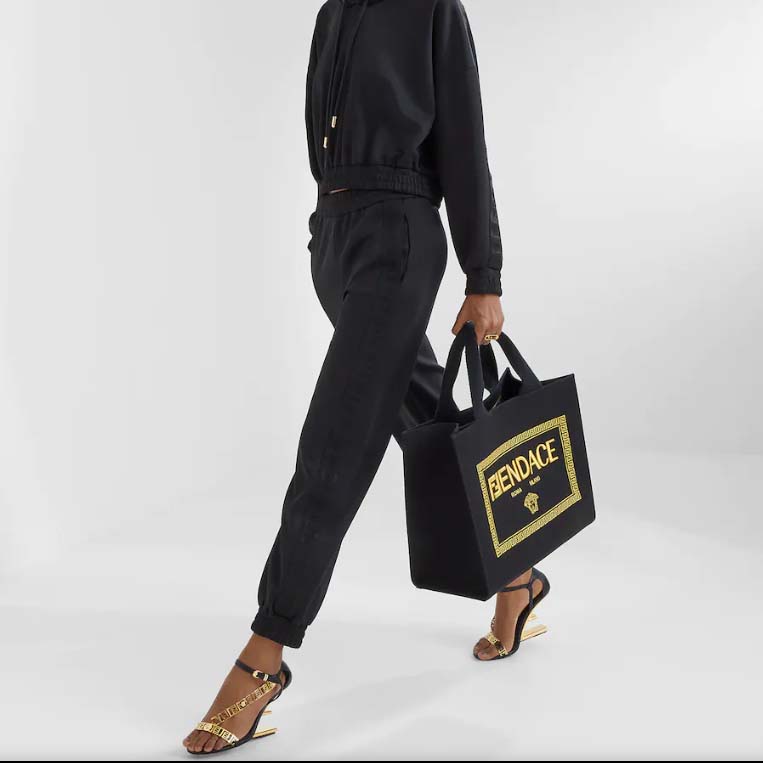 Fendi Women FF Small Shopping Bag Fendace Embroidered Black Canvas Logo Shopper