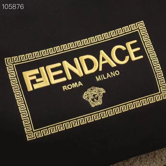 Fendi Women FF Small Shopping Bag Fendace Embroidered Black Canvas Logo Shopper