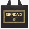 Fendi Women FF Small Shopping Bag Fendace Embroidered Black Canvas Logo Shopper