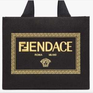 Fendi Women FF Small Shopping Bag Fendace Embroidered Black Canvas Logo Shopper