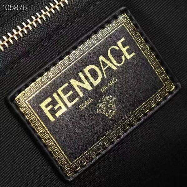 Fendi Women FF Small Shopping Bag Fendace Embroidered Black Canvas Logo Shopper (12)