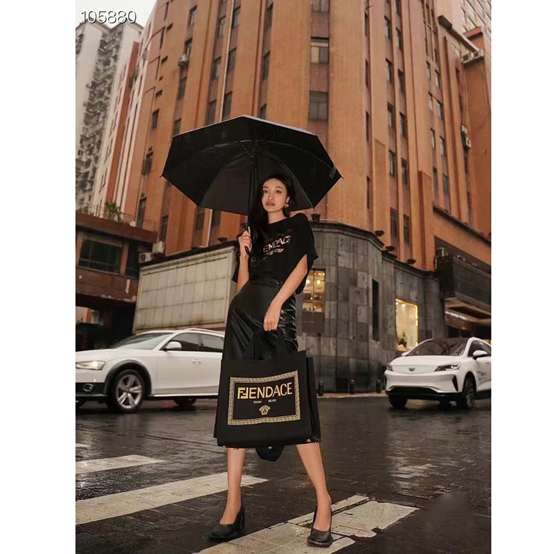 Fendi Women FF Small Shopping Bag Fendace Embroidered Black Canvas Logo Shopper